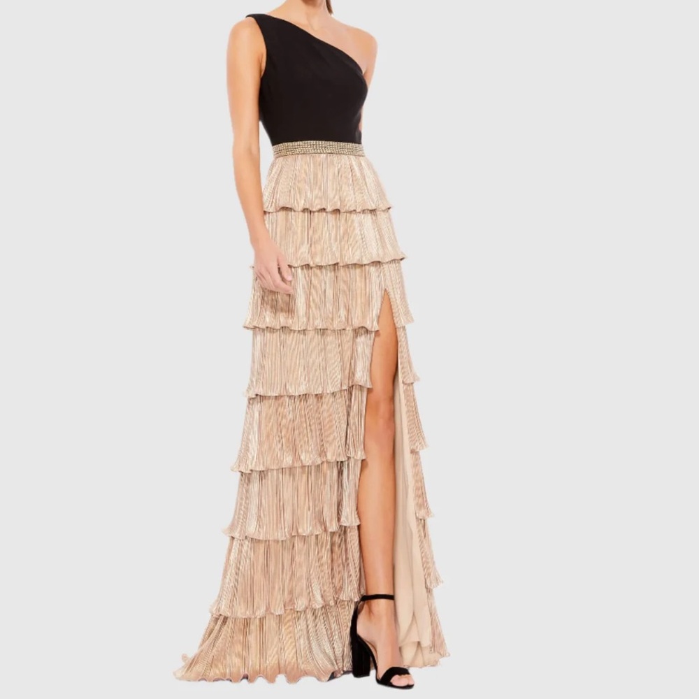 Mac Duggal Black and Gold One-Shoulder Ruffle Tiered A-Line Gown